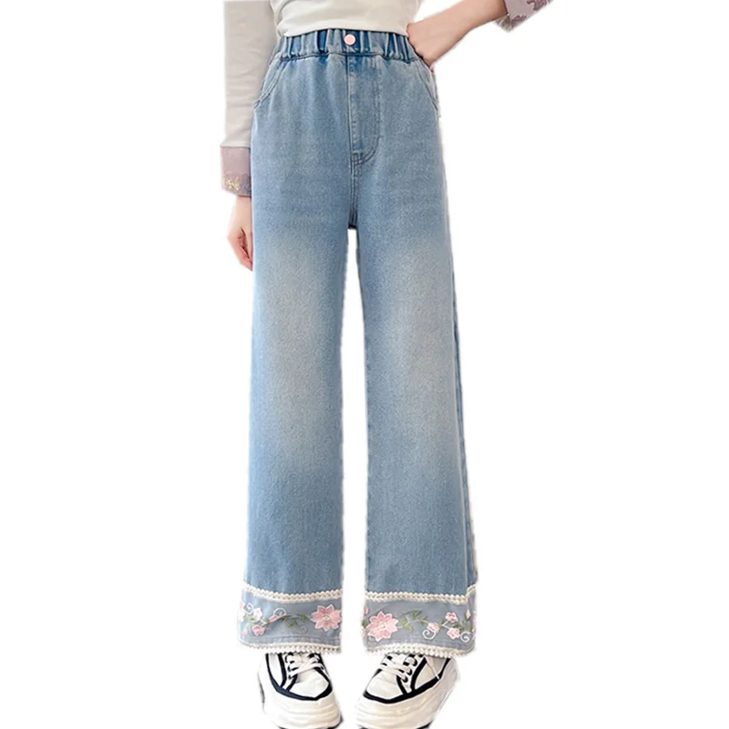 Cute Kids Girls Spring Cotton Straight Fit Jeans with Lace Floral Kids Soft Trousers Jeans Flower Denim Pants For Teenager Child