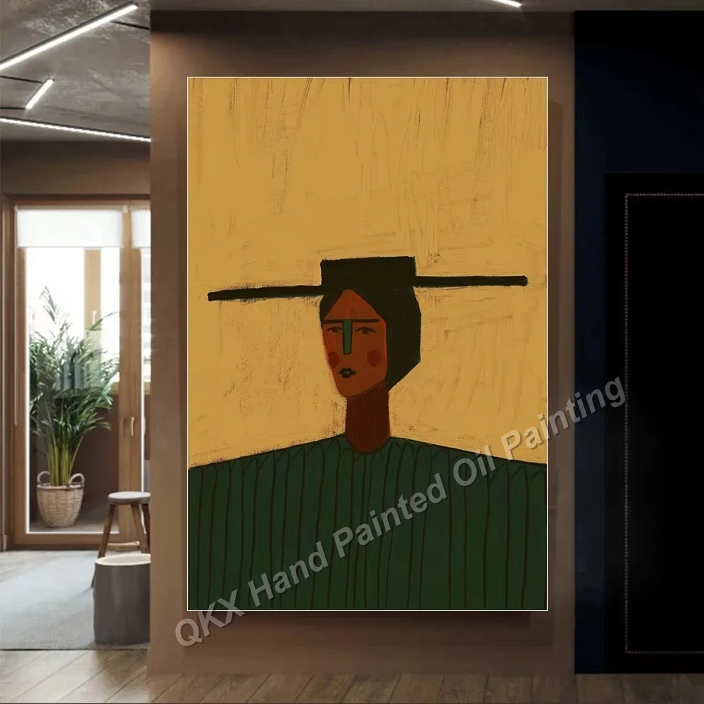 Hand-Painted Terracotta Abstract Figure Oil Painting Mid-Century Modern Textured Canvas Art for Living Room Wall Decor