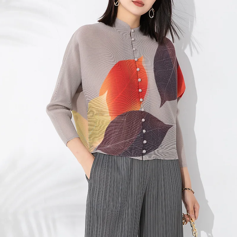 Miyake Pleated Jackets For Women 2023 Summer New Stand Collar Single Breasted Fashion Printed Loose Stretch Casual Outerwears