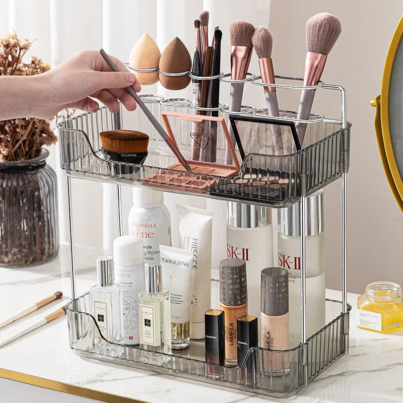 Bathroom Storage Multifunctional Countertop Large Capacity 2-layer Makeup Organizer Lipstick Brush Tray Shelf