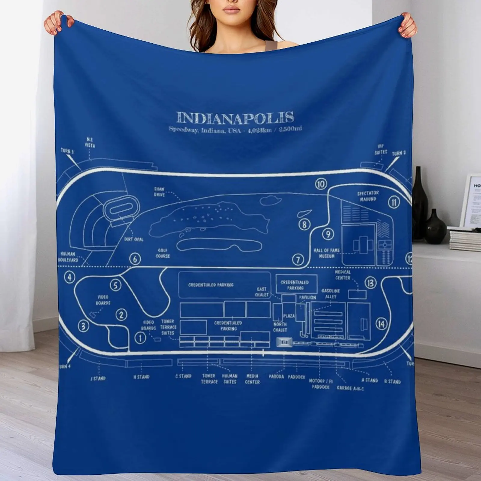 Indianapolis Motor Speedway (White Stencil-No Background) Throw Blanket Soft Plush Blanket as Housewarming Gift