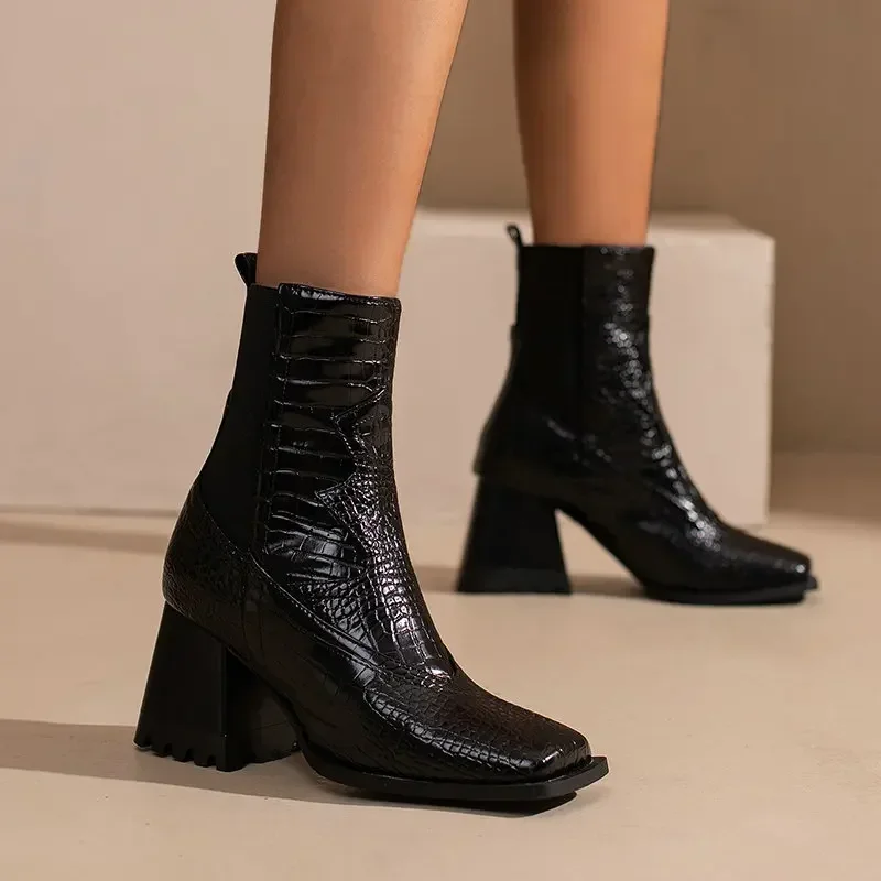 

Extra Big Size 48 Green Burgundy Snakeskin PU Skin Square Toe Chunky High Heels Women Shoes Winter Ankle Stretch Chelsea Boots