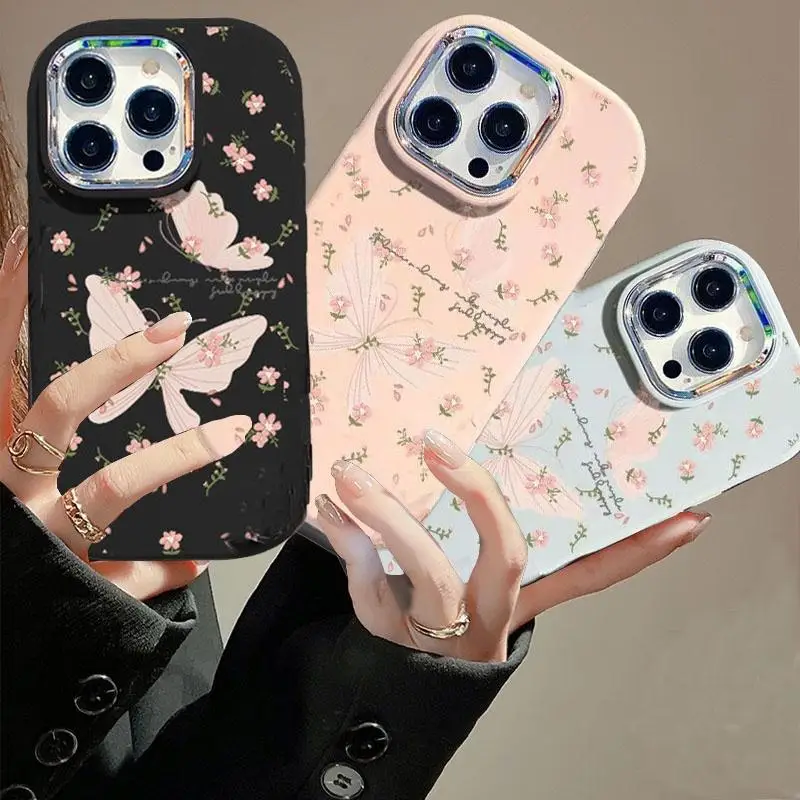 

Cute Flowers Butterfly Case For OPPO A16 A17 A3S A53 A57 A77 RENO 4 5 6 7 8 PRO 8T 5Z 6Z 2Z 2F Cover Plating Metal Lens