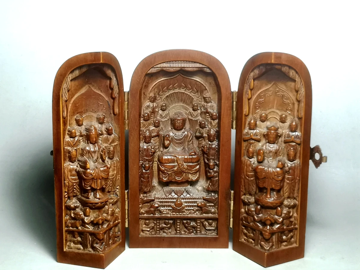 1919 Antique art Size 4 Inch Old Chinese Boxwood Hand carved 3 Buddha Avalokitesvara Statue Decoration