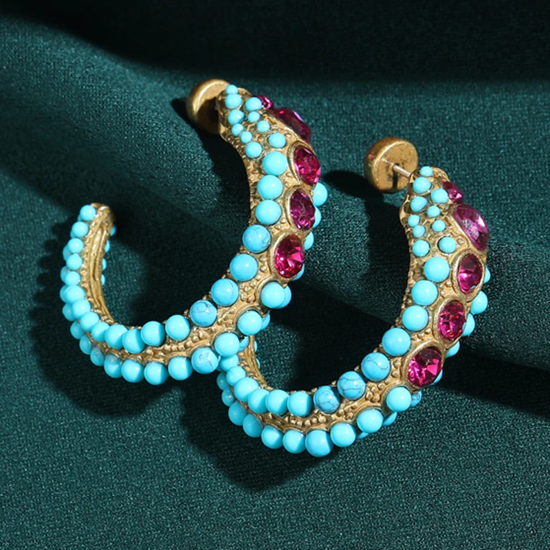 

Винтажные серьги-гвоздики с бирюзовыми бусинами, позолоченные под старину, с круглым дизайном в стиле ретро, инкрустированные розово-красными кристаллами, роскошные украшения для банкетов