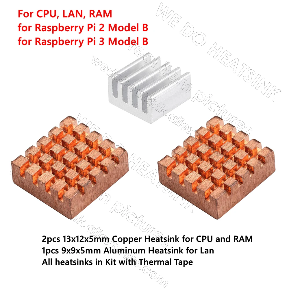 3pcs Copper and Aluminum Heatsink Set Cooling Cooler Kit Radiator With Thermal Tape Assembly For Raspberry Pi 2 / 3 Model B