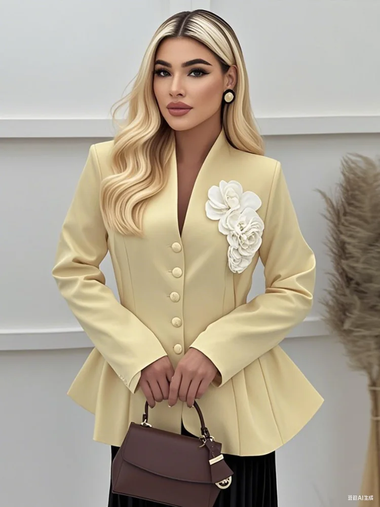 

Jacket Two Pieces Women Solid 3d Flower Slim Waist V-neck Single Breasted Blazers Pleated Long Skirt Lady Outfit Streetwear