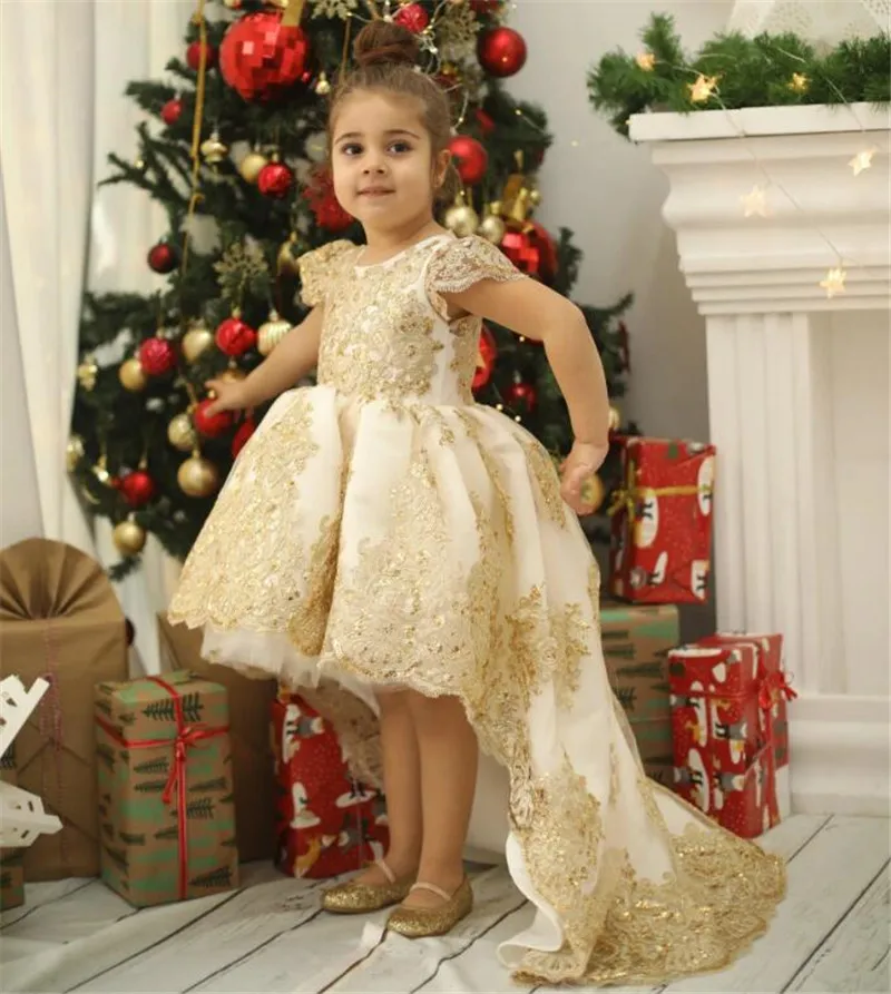 

Princess Party Dresses Applique Lace Christmas Party Dress for Kids Birthday Evening Gown with Long Tail