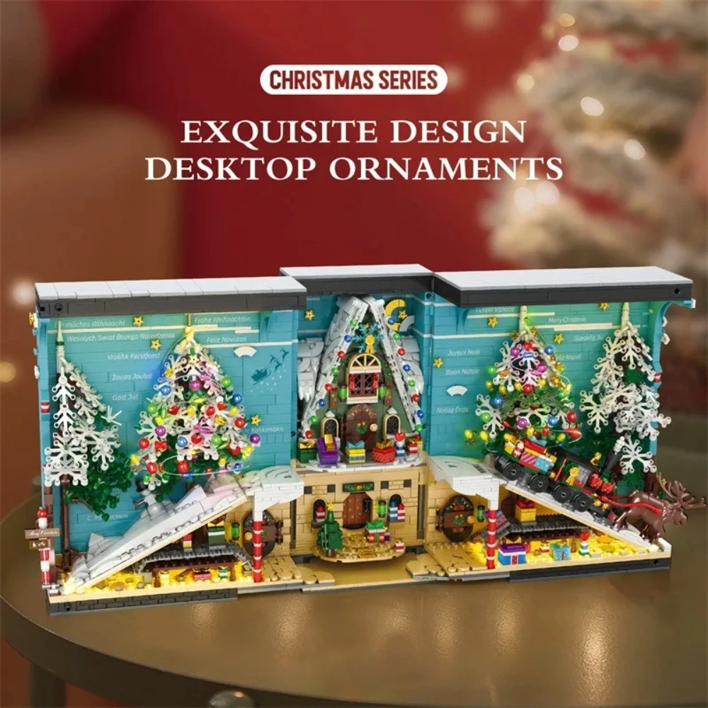MOC Christmas Bookshelf Book Stall Stand Building Blocks Set Tree Bookstore With Light Festival Toys Children Holiday Xmas Gifts