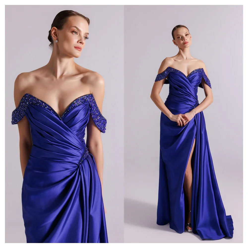 تخصيص الحديثة الأرجواني الساتان مساء اللباس أزياء قارب الرقبة قبالة الكتف حزب اللباس جودة عالية