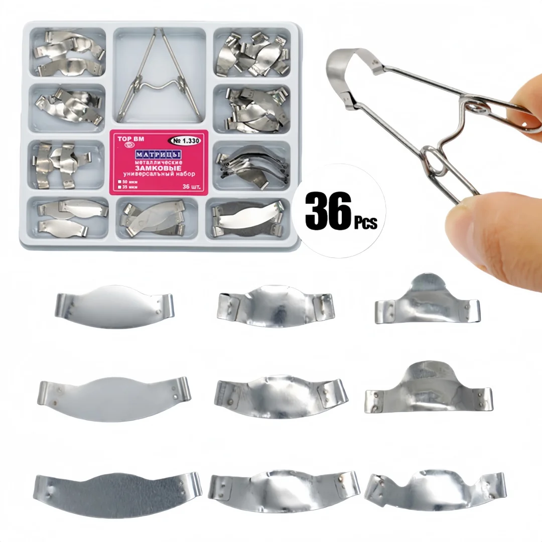 

36pcs Dental Matrix Band No. 1.330 Filling Sheet Douban Forming Tablets Set with Spring Clamp Dental Restoration Supplies Tool