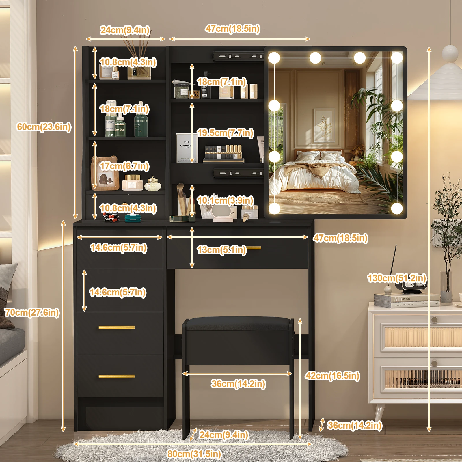 طقم طاولة تزيين مع كرسي مبطن بمرآة مكون من 6 أدراج للمكياج وغرفة النوم #6