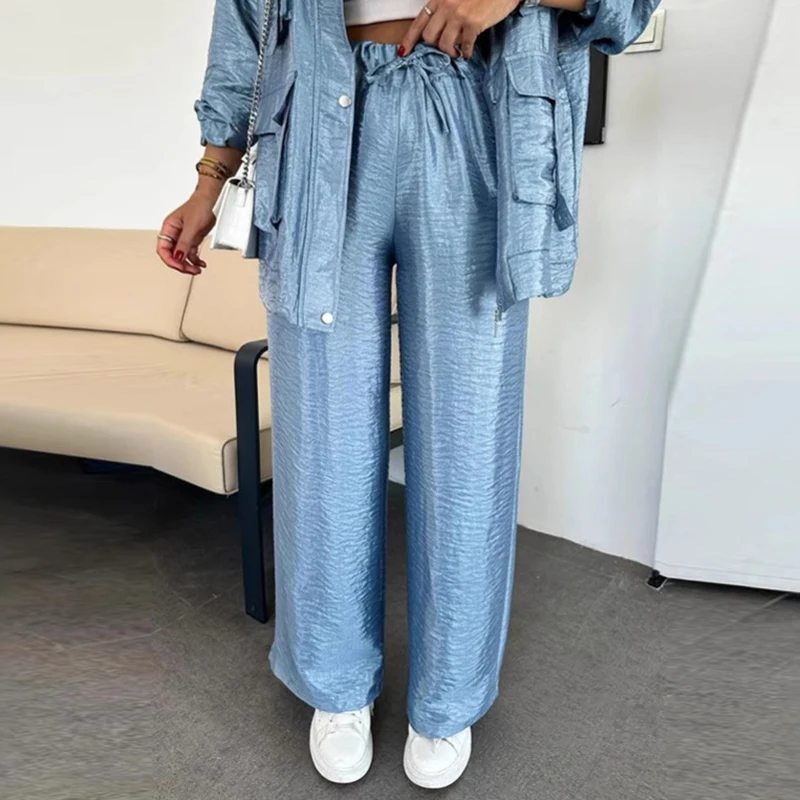 Spring Vintage Metallic Color Casual Pants Women Fashion Lace-up Elastic Waist Straight Trousers New Summer Loose Harajuku Pants