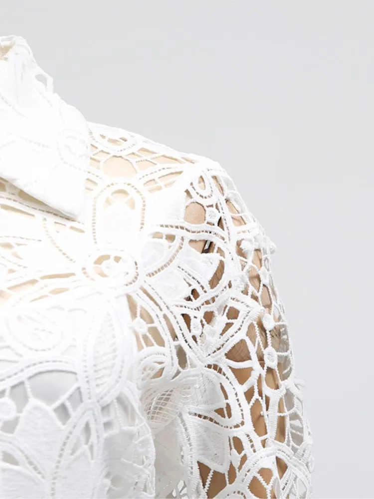 woman's Lace Blouses Elegant Long Sleeve Button shirt autumn Flip collar Sexy Hollow Office White Tops Fashion Women's Clothing