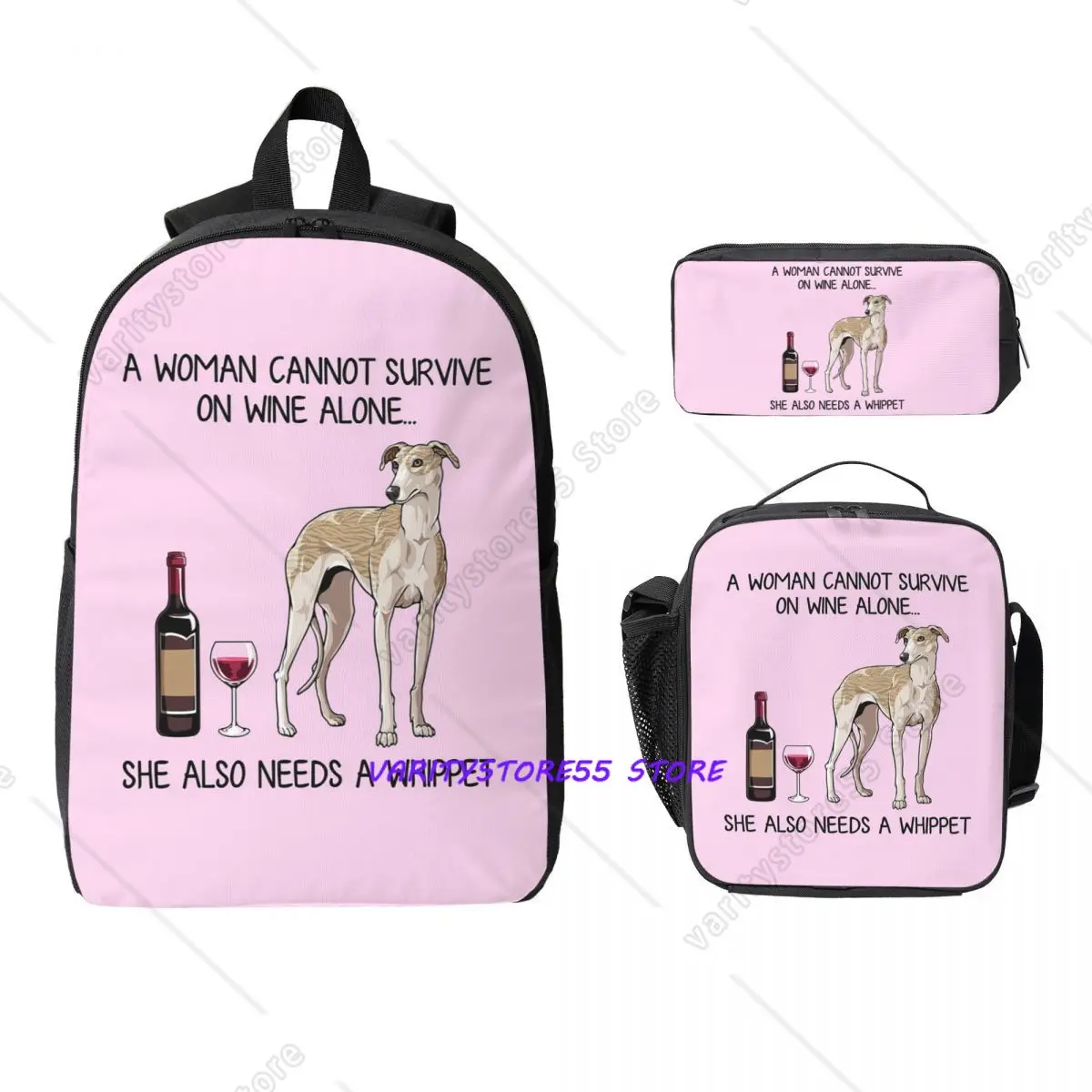 

Whippet Dog And Wine For Dog Mom Backpack Student BookBag School Bag Computer Shoulder Bags 3ps Insulated Lunch Bag Pencil Case