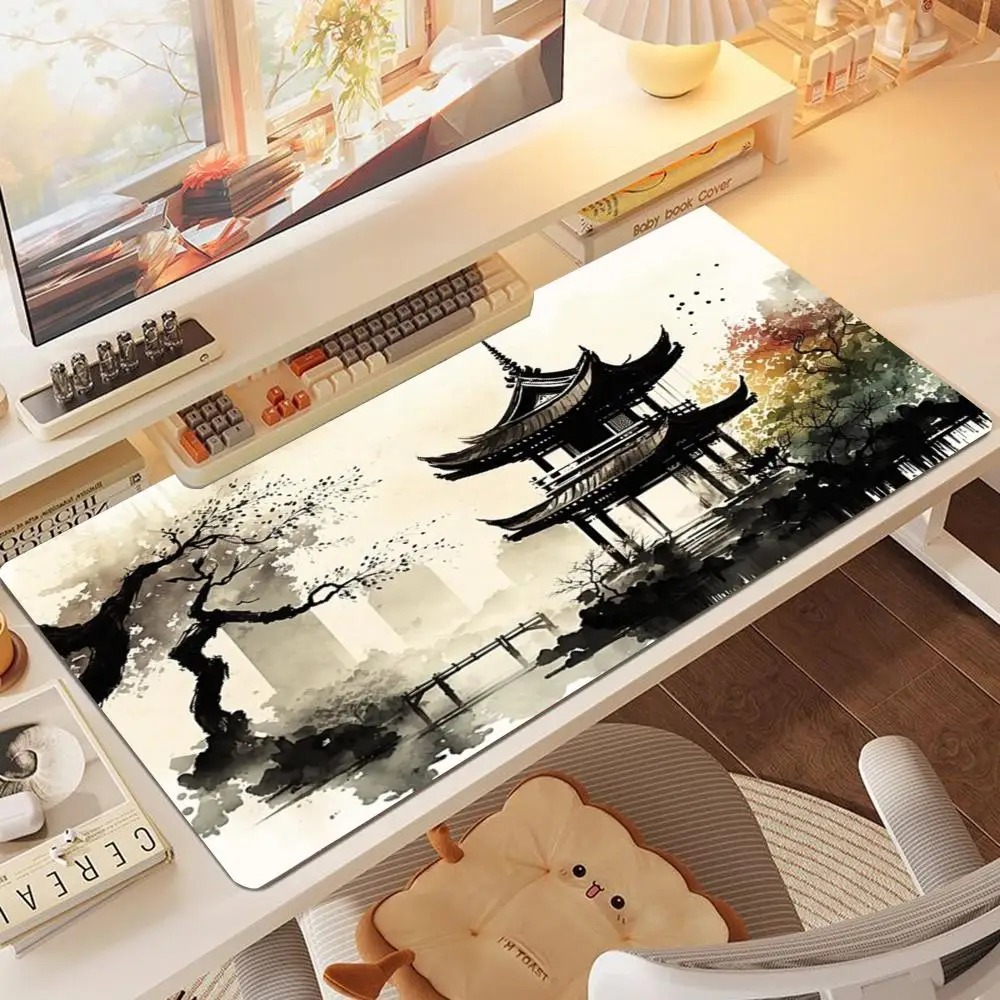 Ink wash chinese style lakeside ancient pavilion playmat elegant artistic oriental slip mat for laptop desk