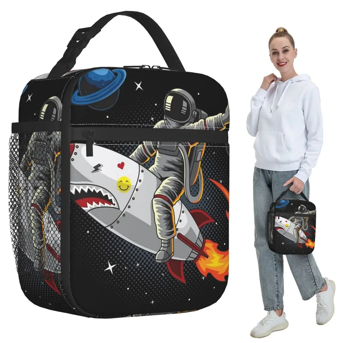Astronauts Riding Monster Rocket Insulated Lunch Bag for Women Cooler Thermal Food Box Tote Portable Lunch Boxes Container