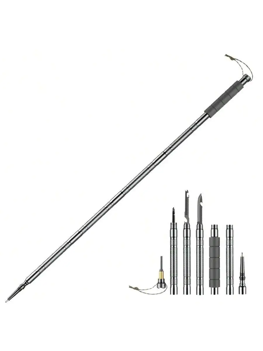 Bastón táctico de Trekking 7 en 1, equipo multiherramienta retráctil para exteriores, senderismo, avión ligero plegable de aluminio