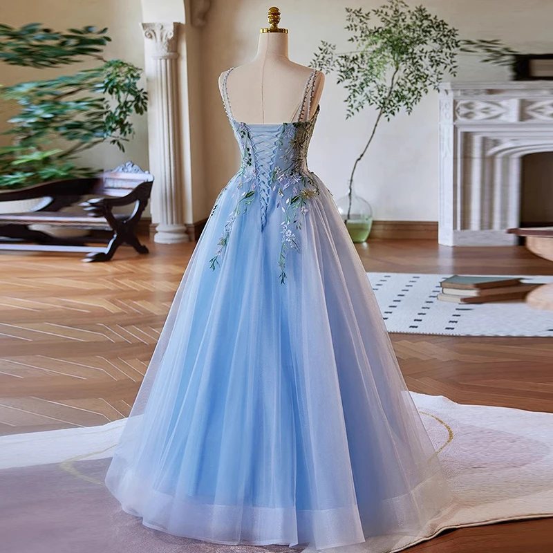 AnXin SH vintage princess sky blue lace flower spaghetti strap beading pearls stage ball gown lace up customized evening dress