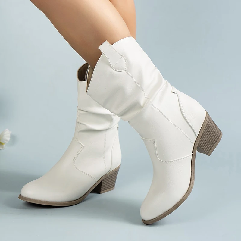 

White Cowboy Boots for Women 2023 Autumn Winter Chunky Heels Pleated Ankle Boots Woman Vintage Pointed Toe Western Cowgirl Botas