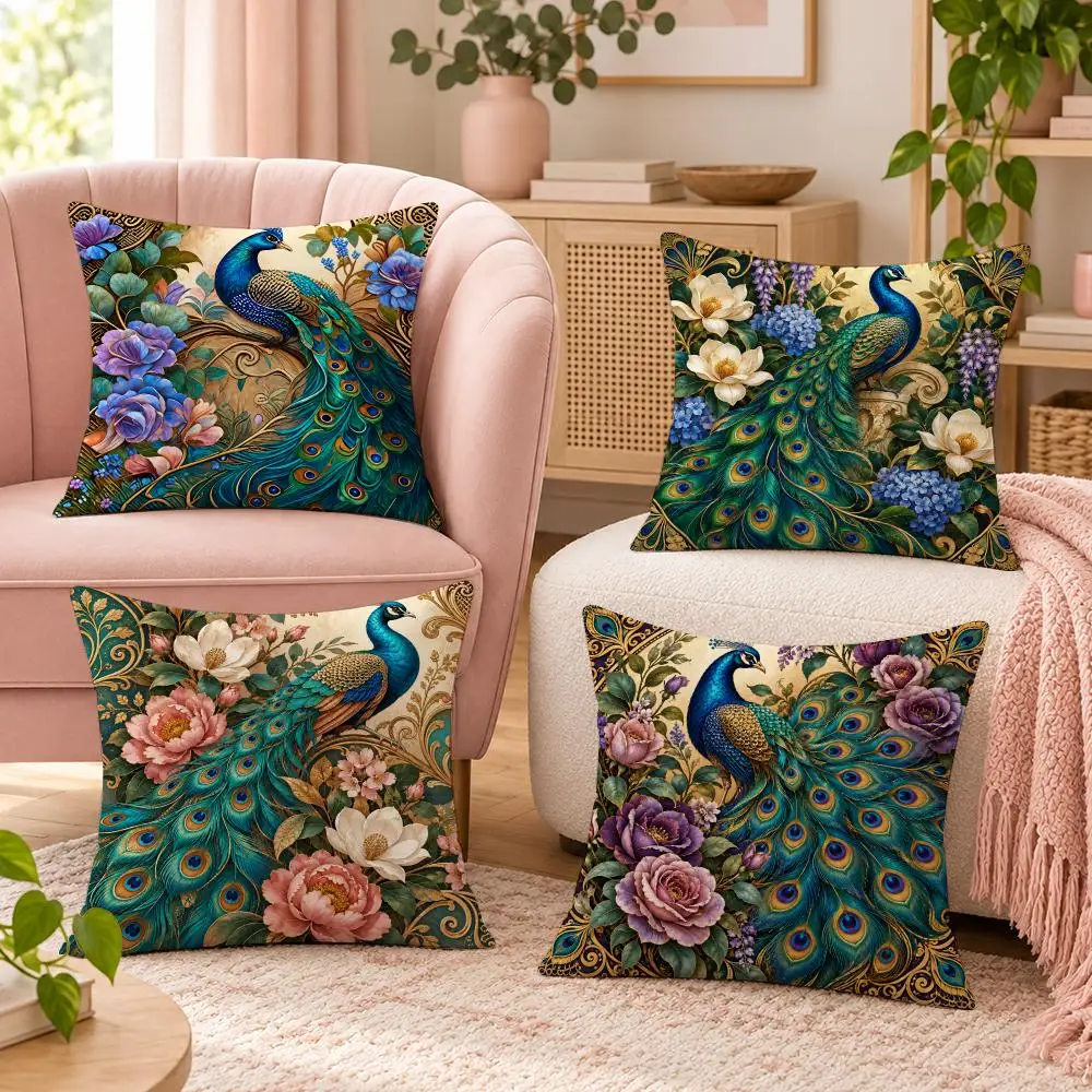 Nordic Style Oil Painting Peacock Cushion Cover Pillow Case Organic Short Plush Cushion Covers Washable Wrinkle-Resistant