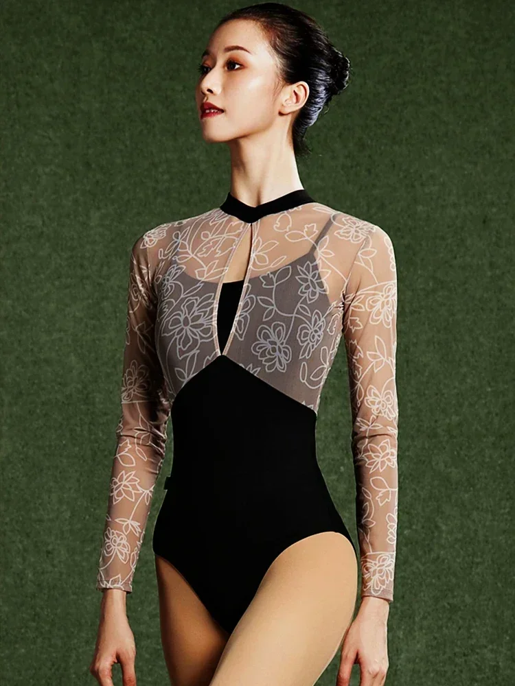 

Колготки для балета и танцев с длинными рукавами, художественный тест, боди, женский гимнастический спортивный костюм, искусственный кружевной комбинезон для взрослых