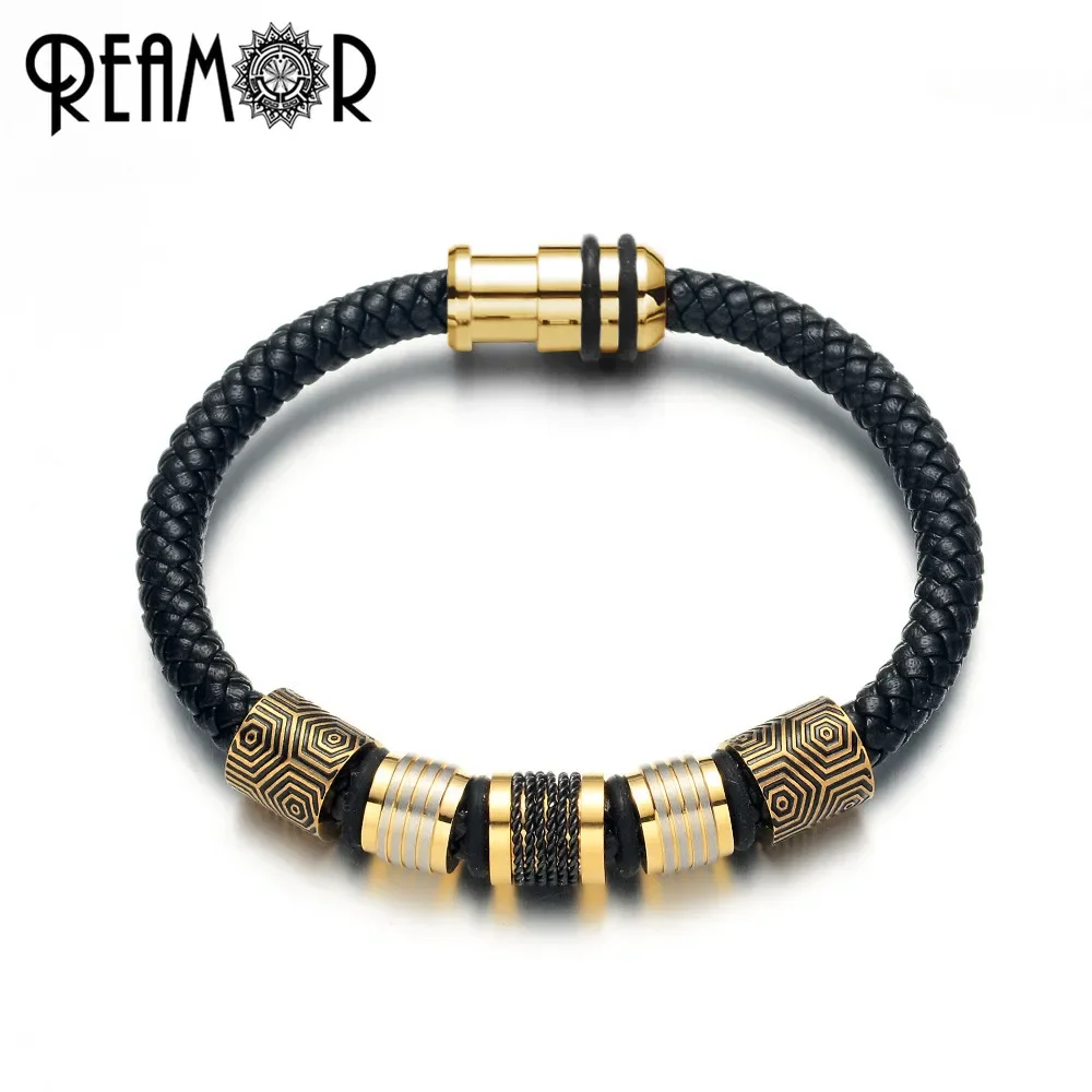 

REAMOR Fashion Black Chain Leather Bracelet Men Jewelry Stainless steel Gold Color Beads Magnetic Clasp Vintage Male Bangle