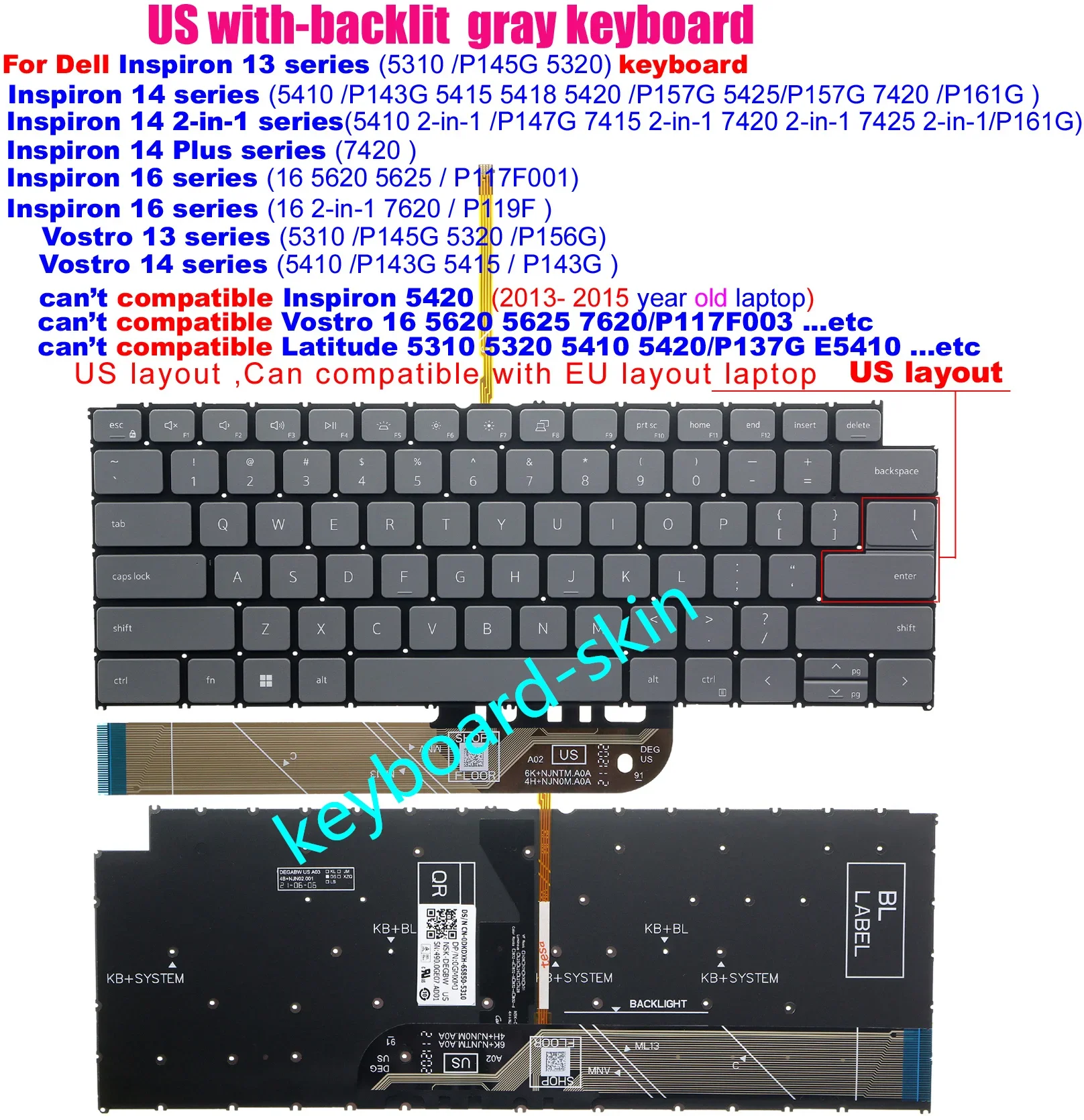 Nuevo teclado retroiluminado estadounidense para Dell 13,3/14 pulgadas Vostro 5310 P145G 5320 P156G 5410 5415 P143G Inspiron 5310 5320 5410 5415 5420