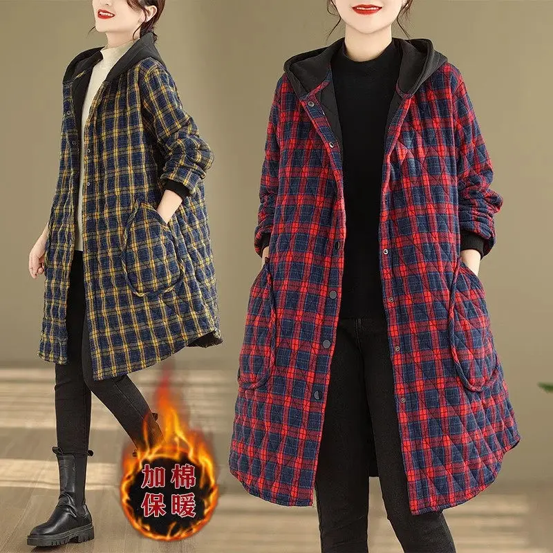 

Plaid Cotton Jacket Women Retro Temperament Casual Warmth Coat Autumn And Winter Artistic Fashion Medium Length Outerwear Z3754