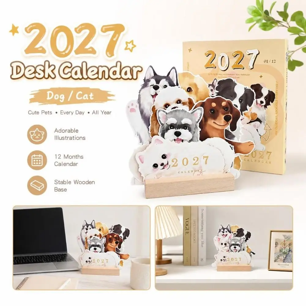 Gifts Dog/Cat 2027 Desk Calendar Pop-Up with Wooden Base 3D Pop-Up Calendar Monthly Planning Cat Calendar Desktop Display