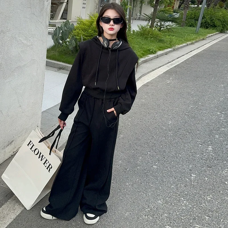 Girls' Spring and Autumn Collection 2024 New Korean Style Fashionable Short Hoodie Wide Leg Pants Long Pants Floor Pants