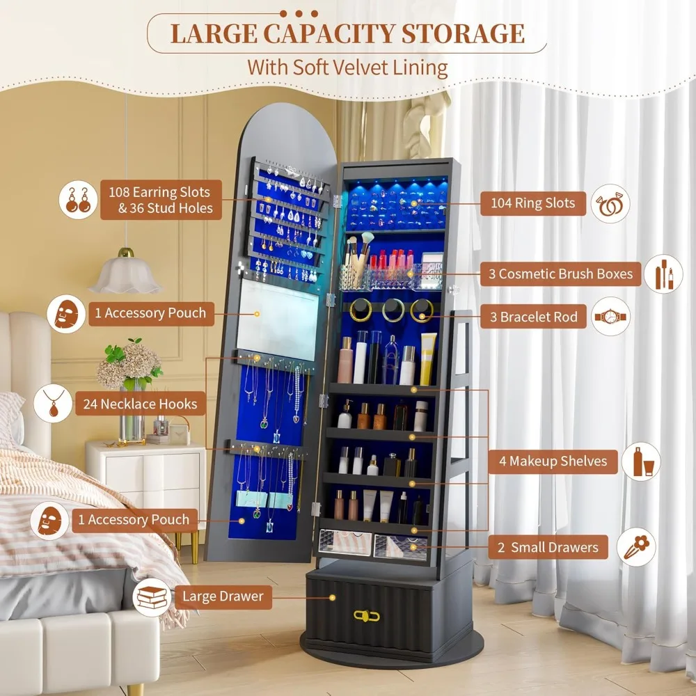 خزانة مجوهرات بمرآة مقاس 63 بوصة، منظم مرآة مجوهرات دوار بطول كامل، مع درج لهدايا النساء والفتيات (أسود)