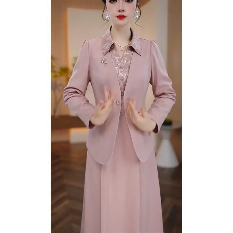 Advanced autumn new set 2025 noble slim fit jacket +lapel print temperament dress elegant two-piece set for women