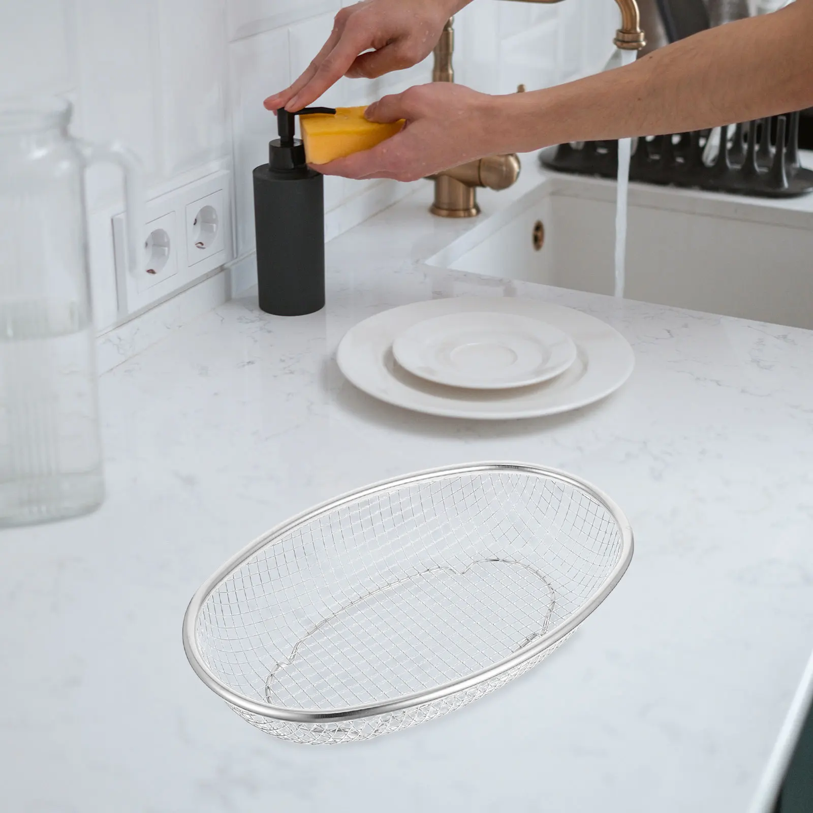 Stainless Steel Oval Basket Kitchen Mesh Strainer Food Drainer for Fruits Vegetables Bread Multipurpose Space Saving Easy Clean