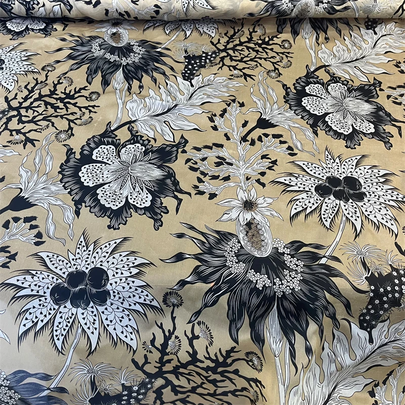 

25 New Fashionable Silk Eugen Satin Printed Fabric Women's Skirt Black and White High End Show Mulberry Silk Fabric By The Meter