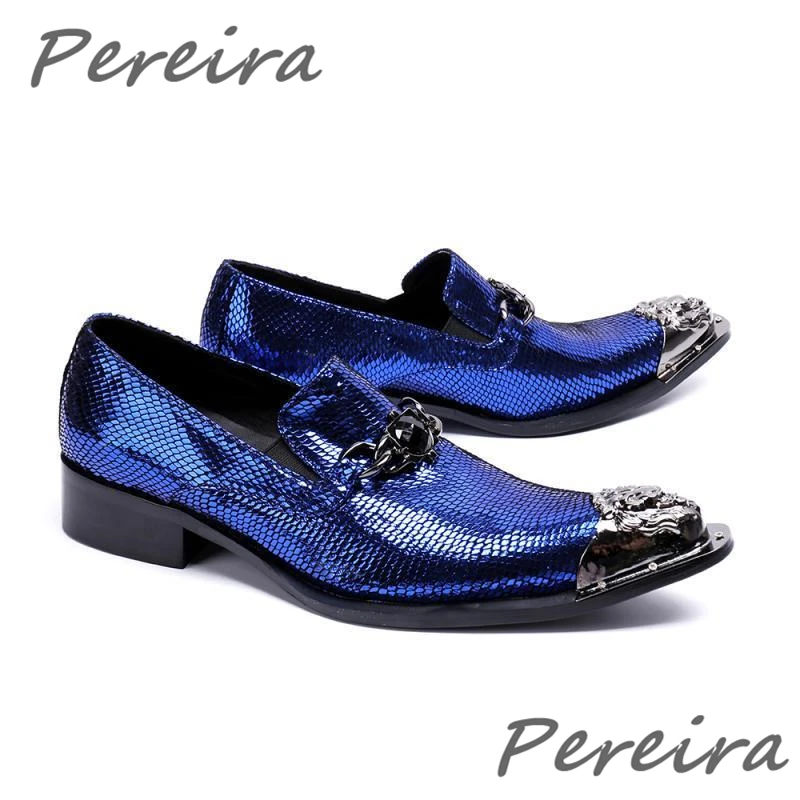 Fashion Shiny Men's Shoes Banquet Nightclub Prom Shoes Metal Pointed Toe Blue Genuine Leather Formal Shoes Party Wedding Oxfords