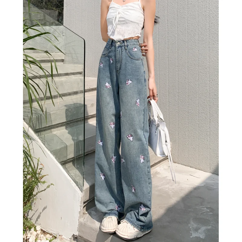 Blue Jeans for Women Embroidery High Waist American Fashion Y2K Chic Streetwear Wide Leg Jean Female Trouser Baggy Denim Pants