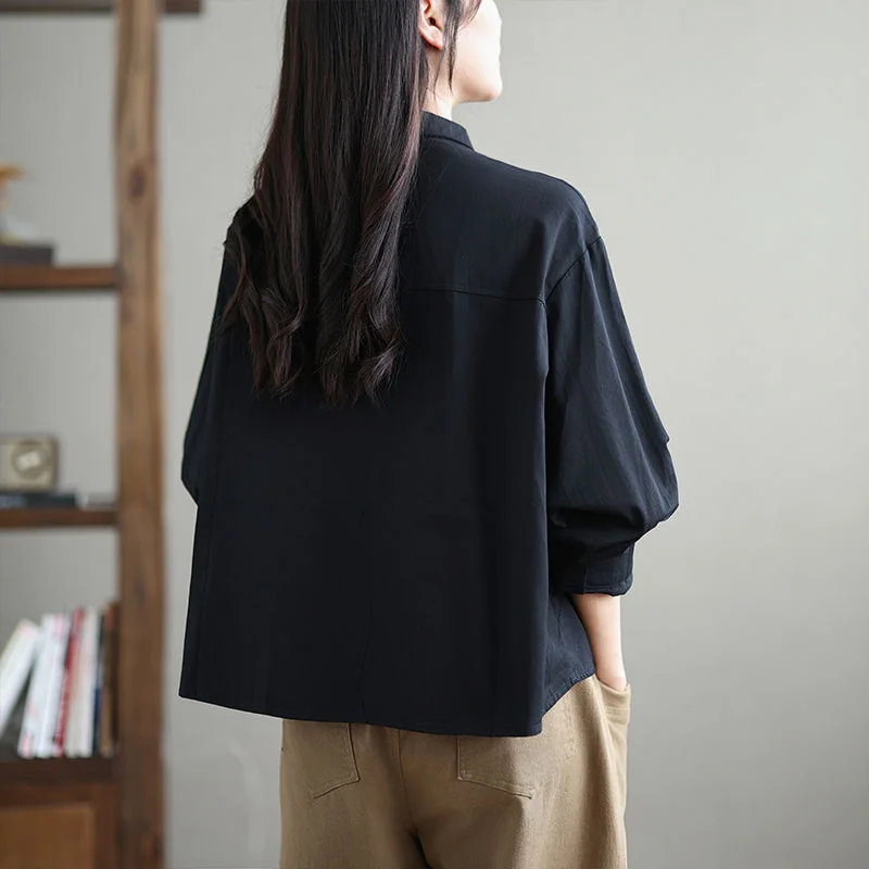 Retro versátil solto e fino tendência nacional borboleta bordada camisa de lapela de manga comprida