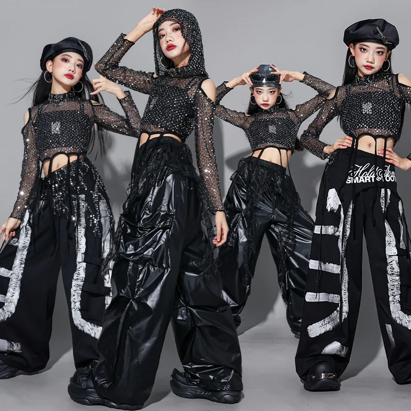 Jazz Dance Clothes Kpop Show Stage Outfit Sequin Black Top Hip Hop Loose Pants Fashion Street Dance Wear