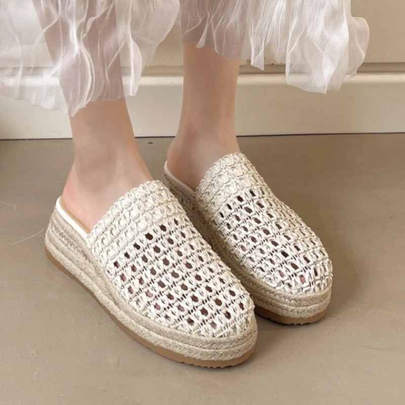 Women Platform Mules Slippers Weave Summer Mesh Shoes Casual Slingback Sandals New 2025 Fashion Hollow Woman Flip Flops Zapatos