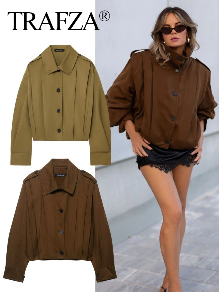 TRAFZA Fashion Women's Cropped Pleated Windbreaker Jacket 2025 Loose Commuter Folded Hem Belted Oversized Coat Ladies Outerwear