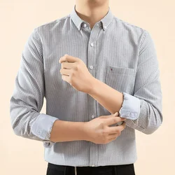 Spring New Spring Pure Cotton Stripe Long Sleeve Men's Shirt Lapel Button Pocket Middle Youth Casual Smart Casual Shirt Top 2024