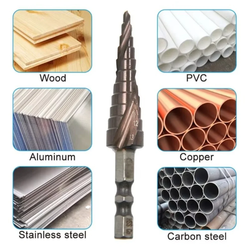 

New M35 Cobalt Containing Step Drill Hexagonal Spiral 4-12mm Pagoda Drill Spiral Groove Stainless Steel Hole Opener Metal