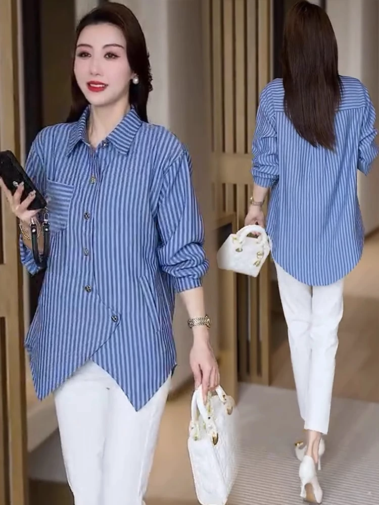 

Модная женская рубашка с длинным рукавом, весна 2026, в вертикальную полоску, асимметричная, средней длины, стройнящая, скрывающая недостатки фигуры