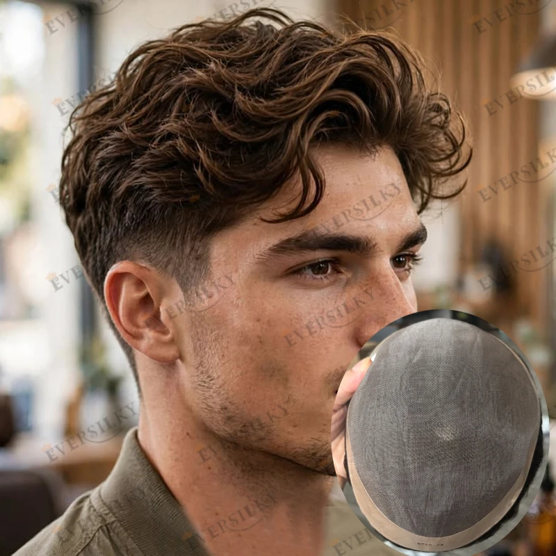 Realistic Natural Hairline 30mm Wave Light Brown 100% Remy Human Hair European Man's Undetectable Mono Mesh Base Hair Prothesis
