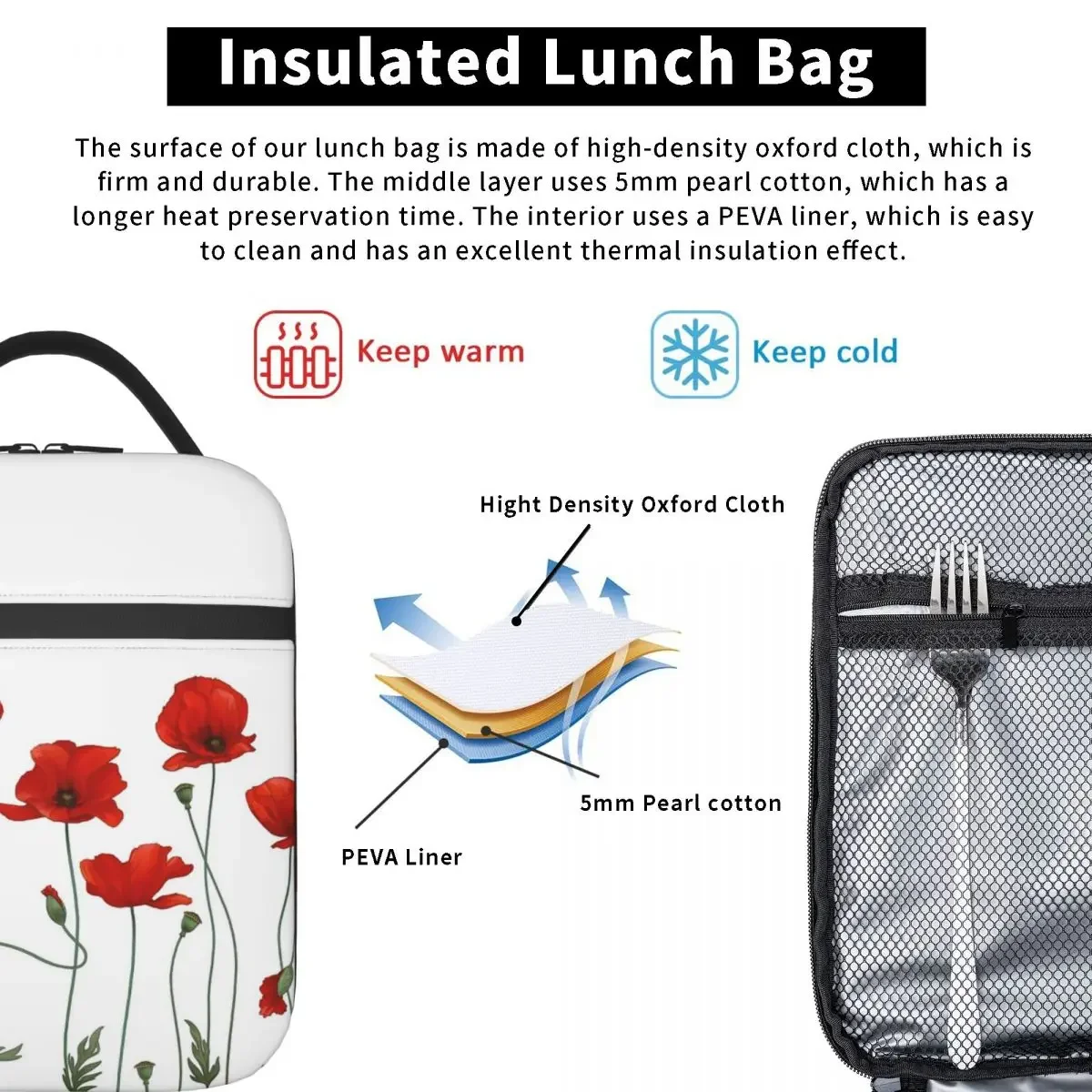 Poppy Stems Insulated Lunch Bag for Women Children Leakproof Food Boxes Thermal Lunch Box Tote