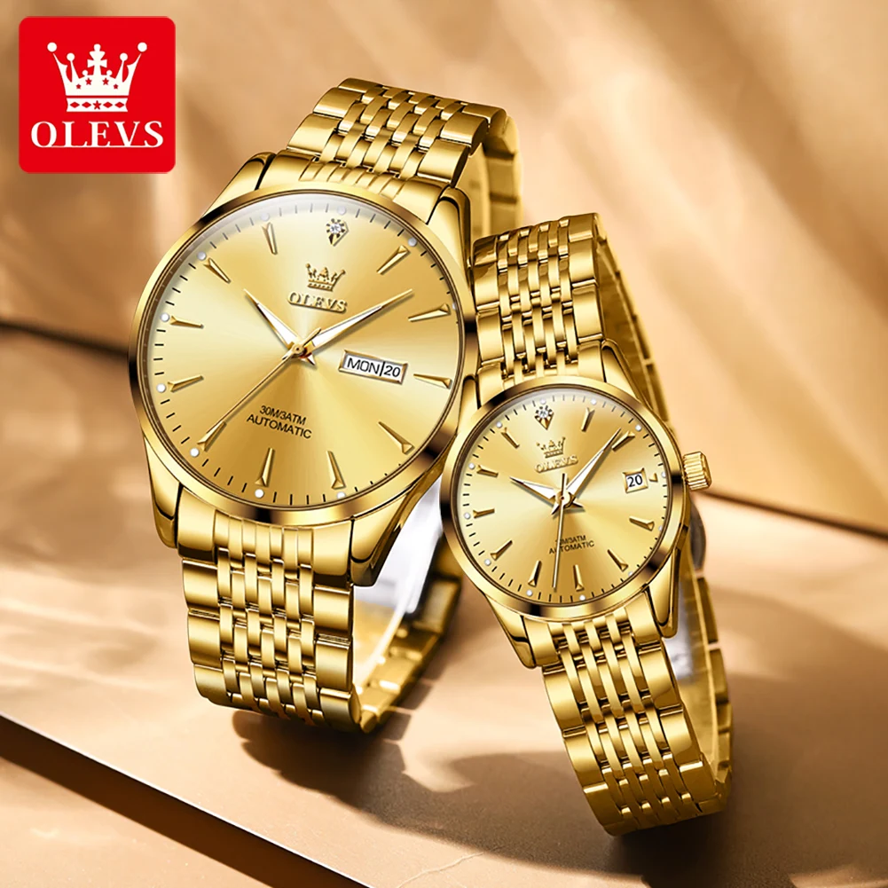 OELVS-reloj mecánico de acero inoxidable para hombre y mujer, accesorio de pulsera resistente al agua con indicador de fecha y semana, complemento masculino de marca de lujo