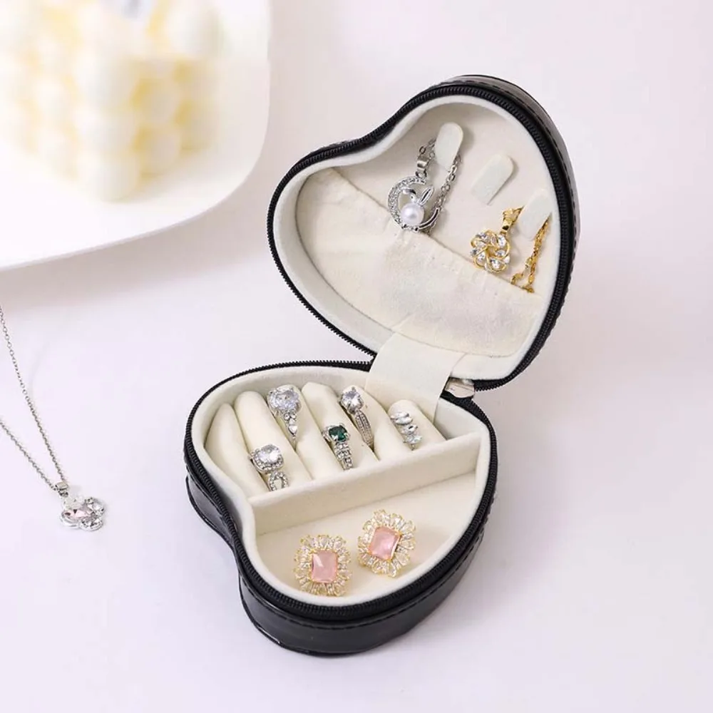 Velvet Travel Jewelry Organizer Box Anti-Scratch Soft Lining Jewelry Storage Boxes PU Leather Heart-shaped