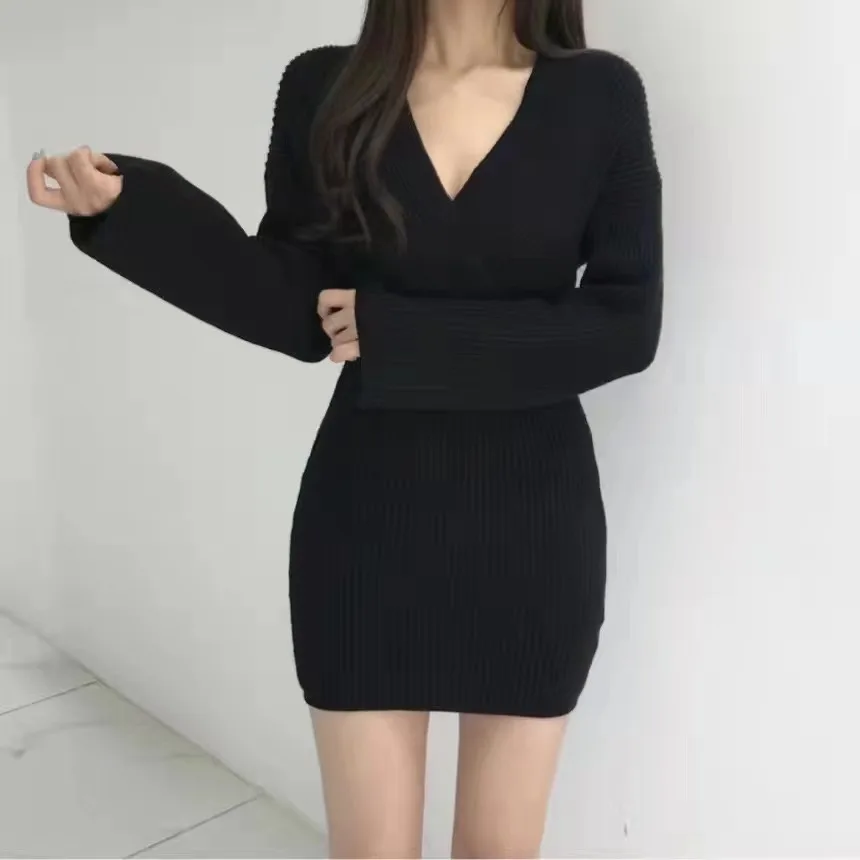 2023 Spring Autumn Sexy Cross V-neck Wrap Hip Dresses Women\'s Knitted Sweater Dress Fashion Tight Short Dress