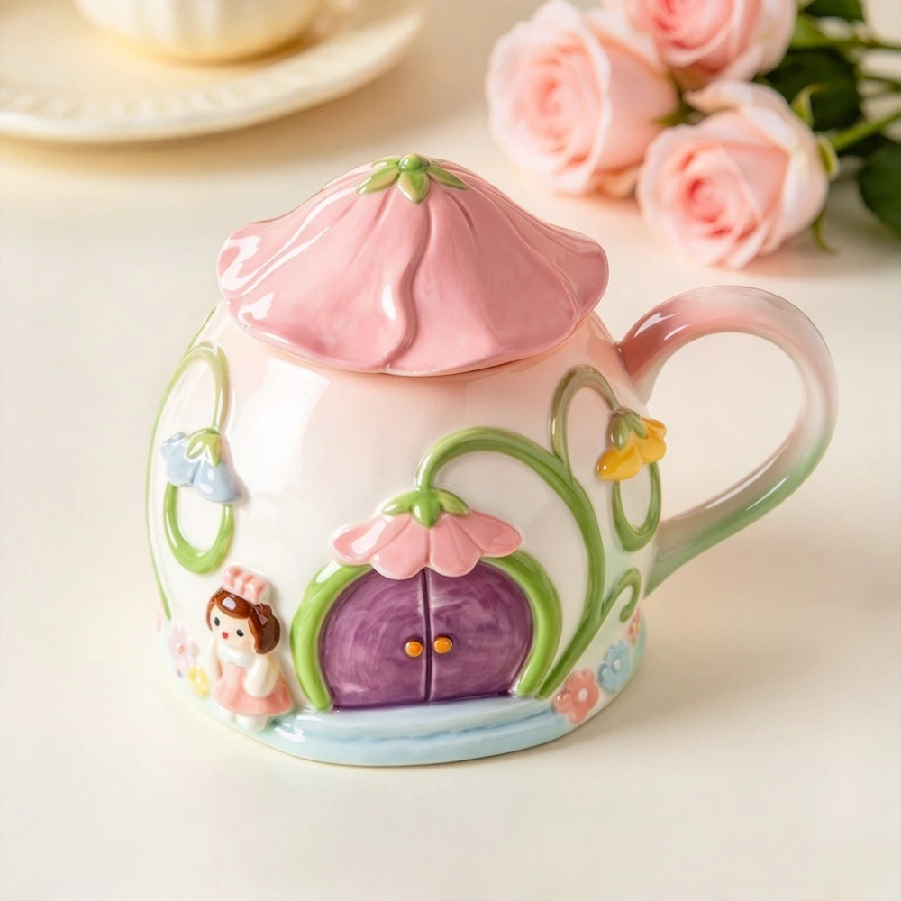 Exquisite Embossed Floral Ceramic Mug With Lid Stylish Afternoon Tea Coffee Drinkware Table Ornament Warm Gift For Ladies